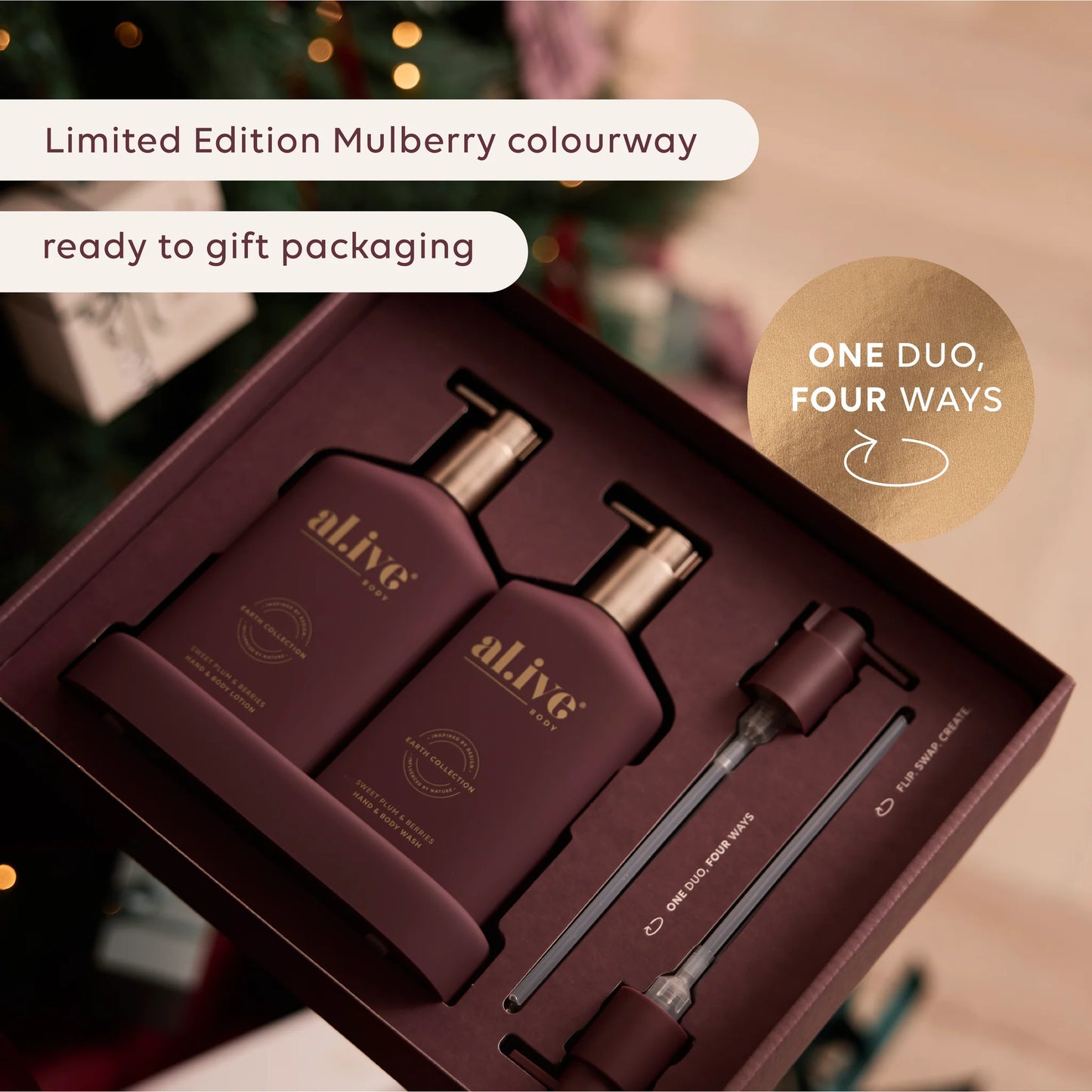 Gift set with maroon and gold items in a box, featuring 'alive' branding.