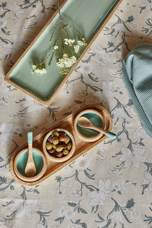 Corinne Serving Tray with Dip Bowls and Spoons Green 35.5x13x5cm