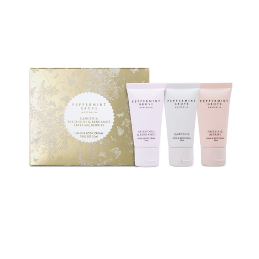 Peppermint Grove Gardening Hand & Body Cream gift set featuring a gold patterned box and three individual cream tubes in white and pale pink, labeled Peppermint Grove Gardening.