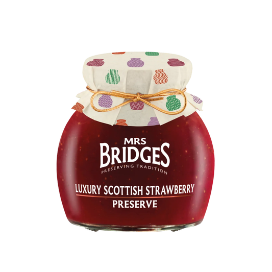 Mrs Bridges Luxury Scottish Strawberry Preserve 340g in glass jar with decorative lid and gold ribbon.
