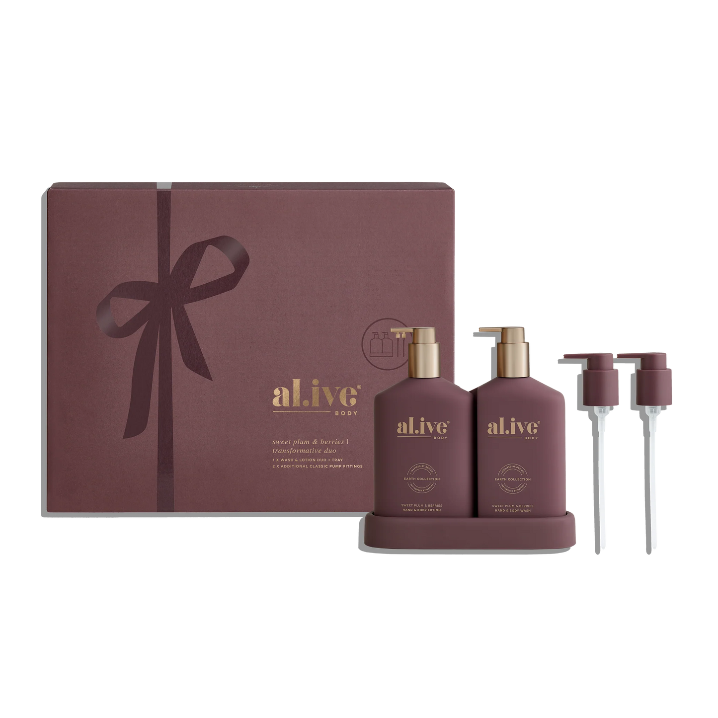 Maroon gift set with 'alive' products on a white background