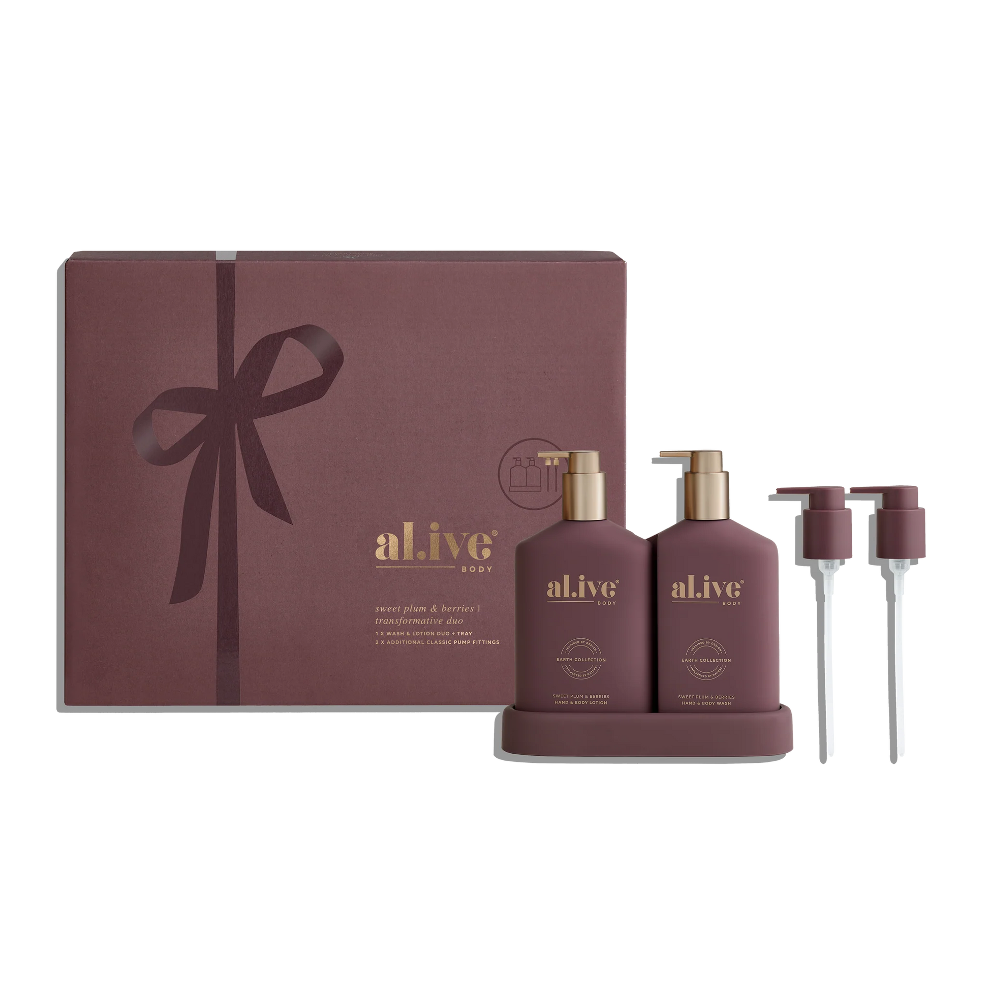 Maroon gift set with 'alive' products on a white background