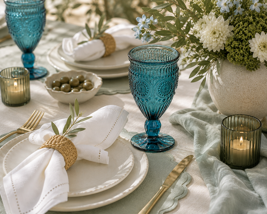 A styled dining table setting featuring textured cobalt blue glass goblets, white plates with embroidered napkins, gold flatware, olive green candles, and a floral centerpiece on a beige tablecloth.