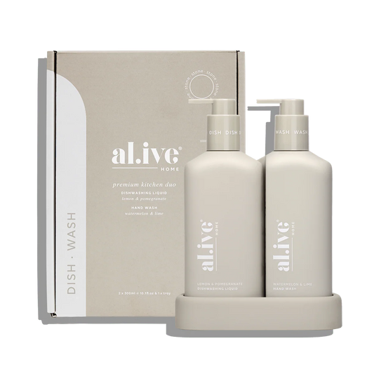 Two bottles of 'alive' dish wash with a box in the background on a white background