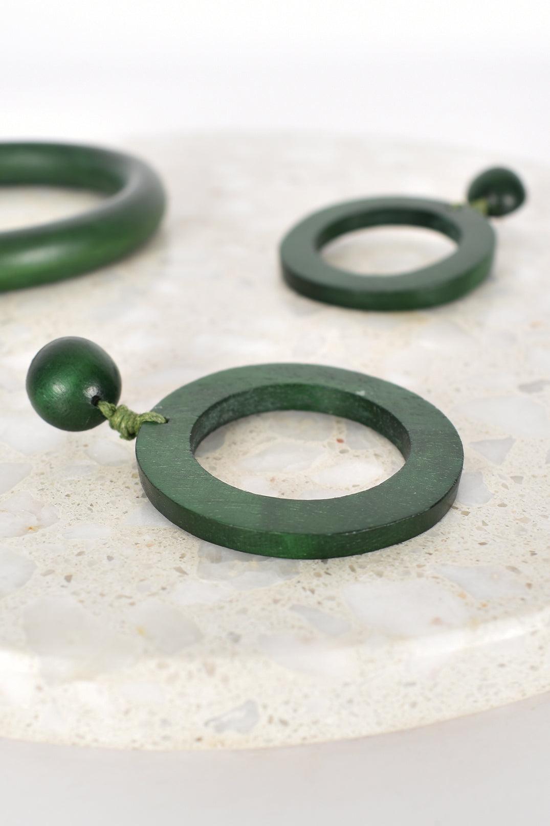 TIMBER RING DROP EARRINGS (DARK GREEN) - Ginja B