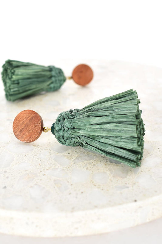 Green And Tan Raffia Earrings Adorne - Ginja B