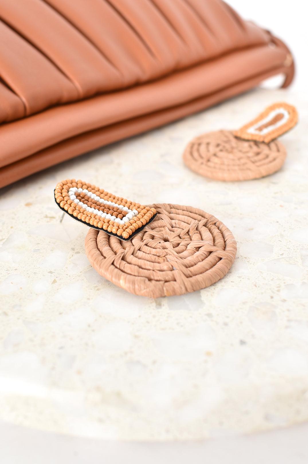 Raffia Woven Beaded Tan Earrings Adorne - Ginja B