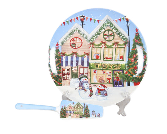 Xmas House 10.5” Cake Plate With Server - Ginja B