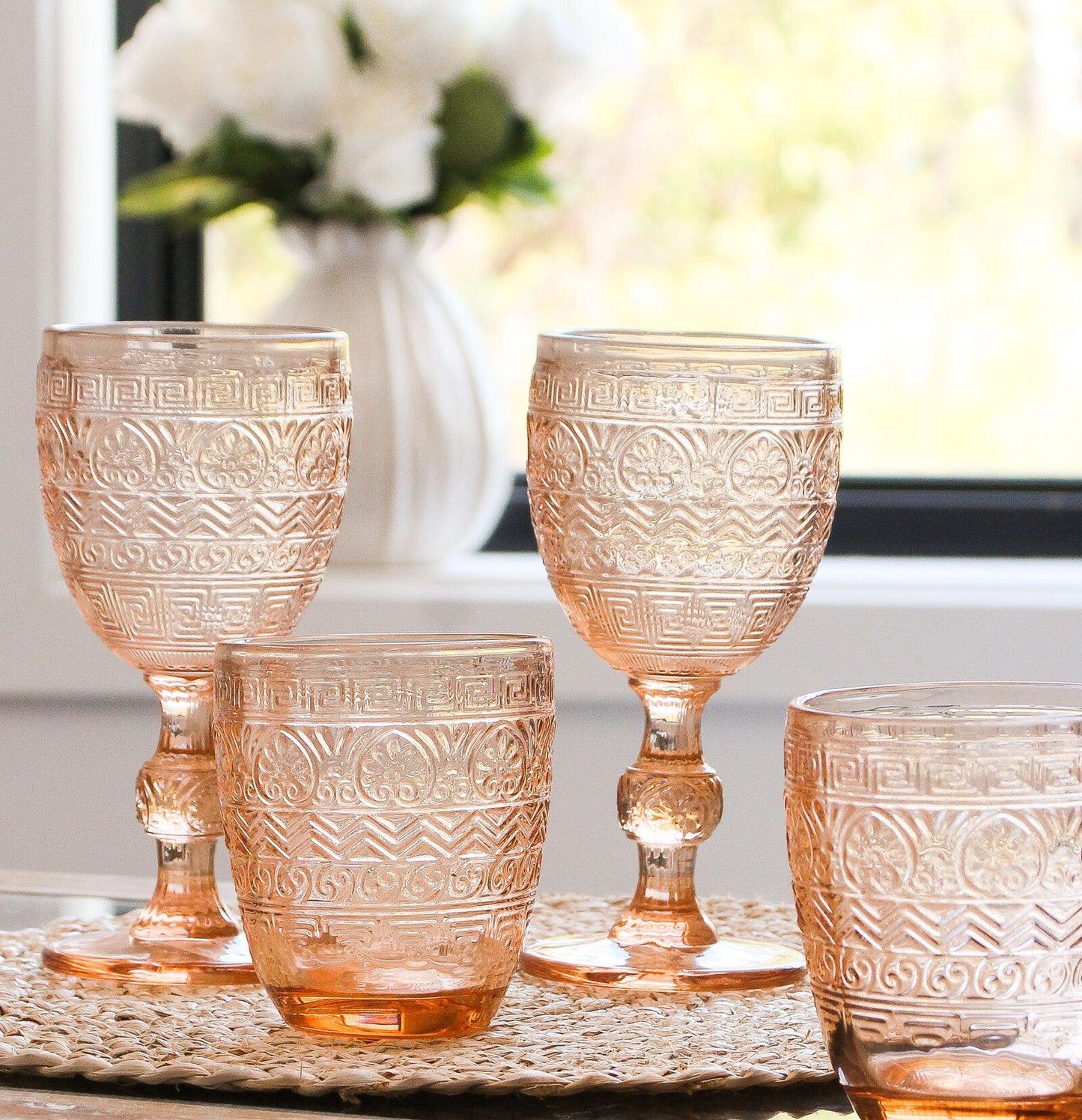 Festive Peach Embossed Wine Glass