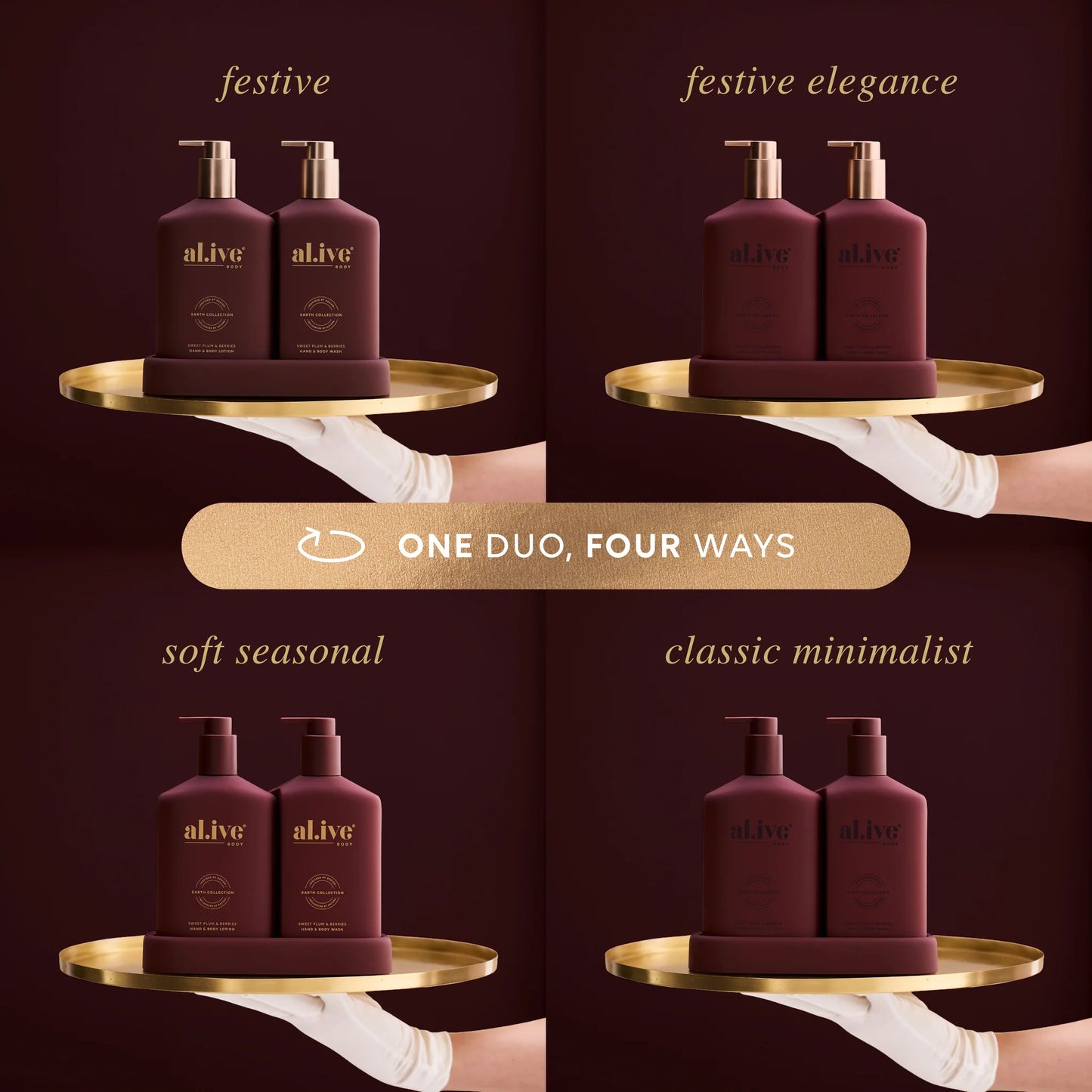 Four different styling options of two maroon bottles on a gold tray with 'alive' branding.
