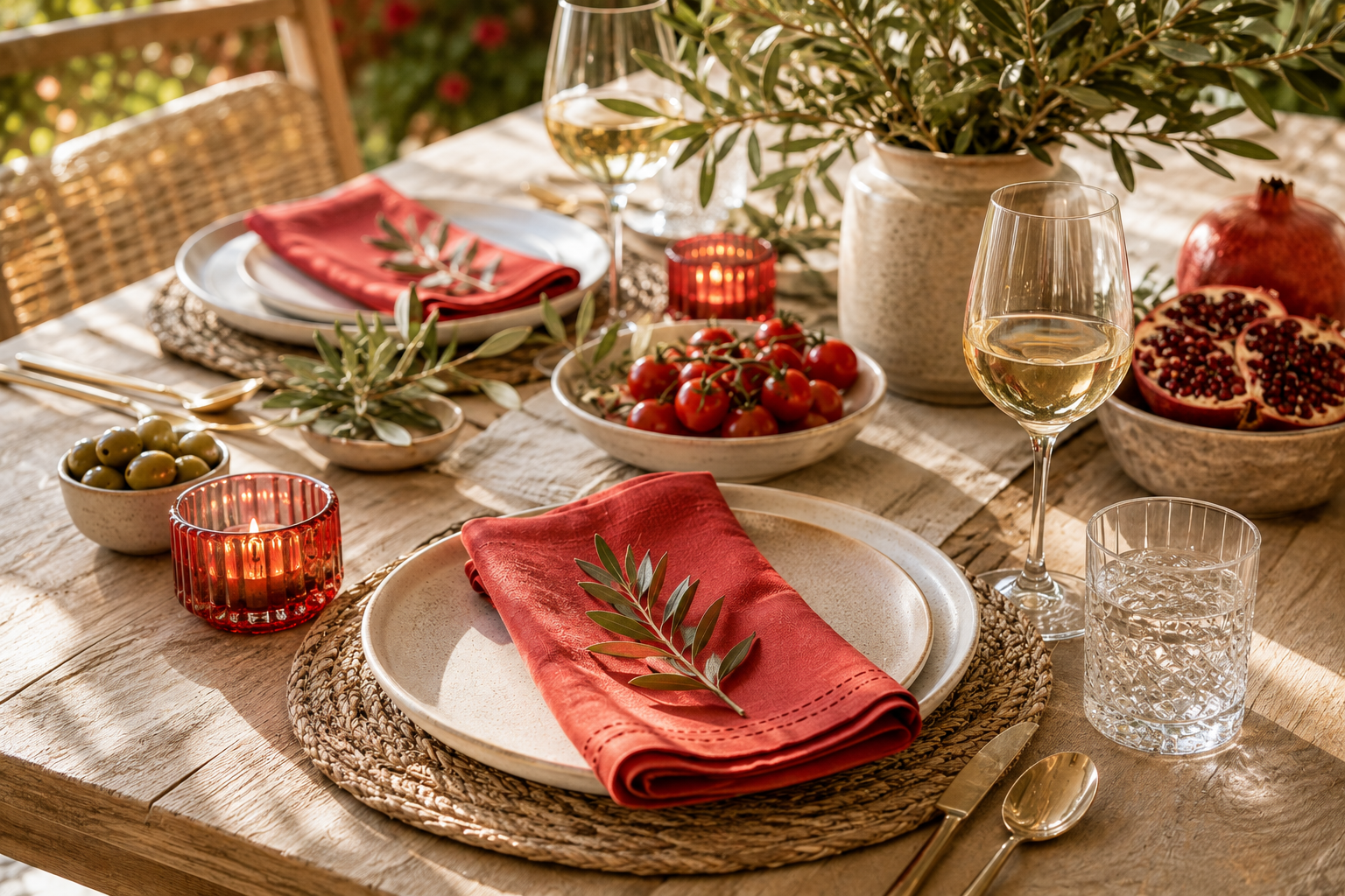 An outdoor dining table styled with red cloth napkins, woven placemats, white plates, wine glasses, small red candle holders, bowls of olives and cherry tomatoes, and a pomegranate, with a large potted olive tree in the background.