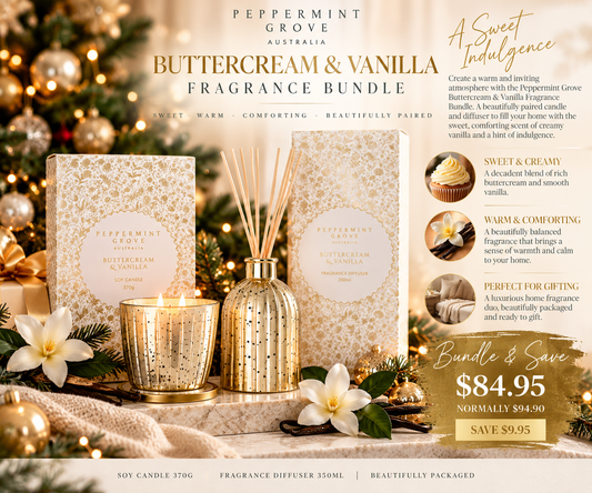 Peppermint Grove Buttercream & Vanilla Candle & Diffuser Bundle