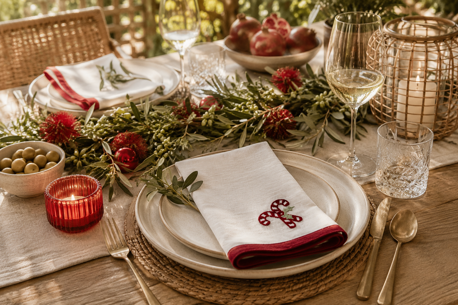 A styled holiday table setting with white plates, white napkins featuring red embroidered monograms and red edges, a red candle holder, white wine, olives, and greenery garlands on a wooden table.