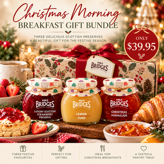 Mrs Bridges Christmas Morning Breakfast Gift Bundle featuring strawberry preserve, lemon curd and Christmas marmalade for $39.95.