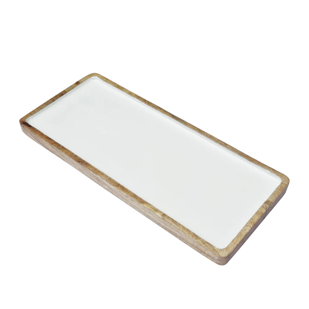 Rectangular white plate with a brown rim on a white background