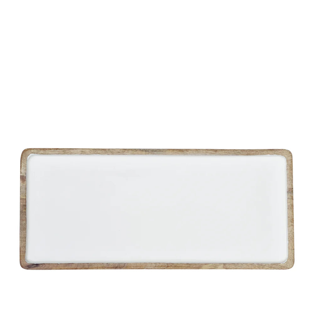 Rectangular white plate with wooden rim on a white background