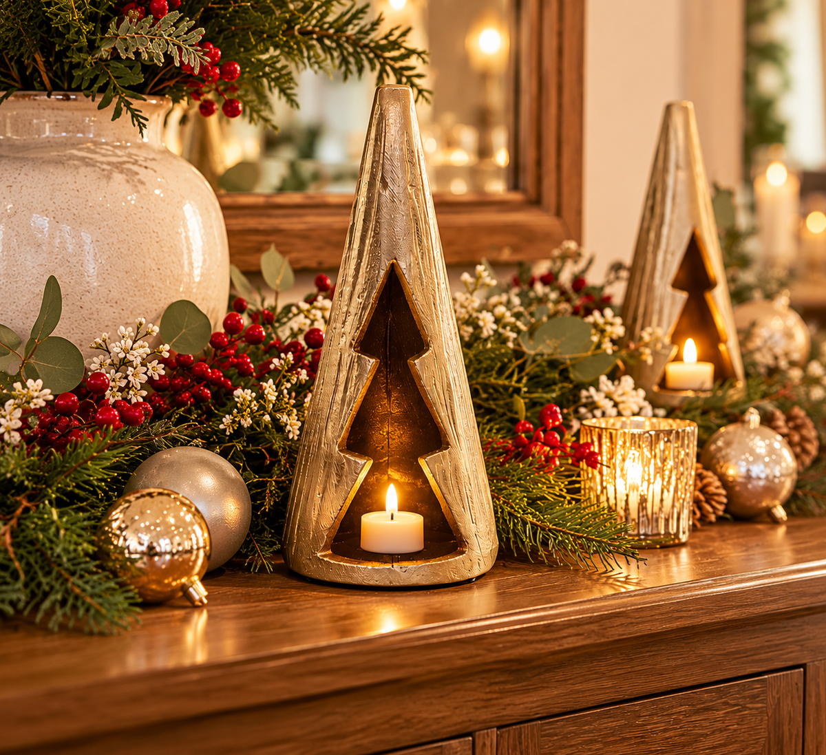 Gold Twinkle Christmas tree tealight holders styled on an elegant festive dining table with candles, eucalyptus and Christmas greenery.