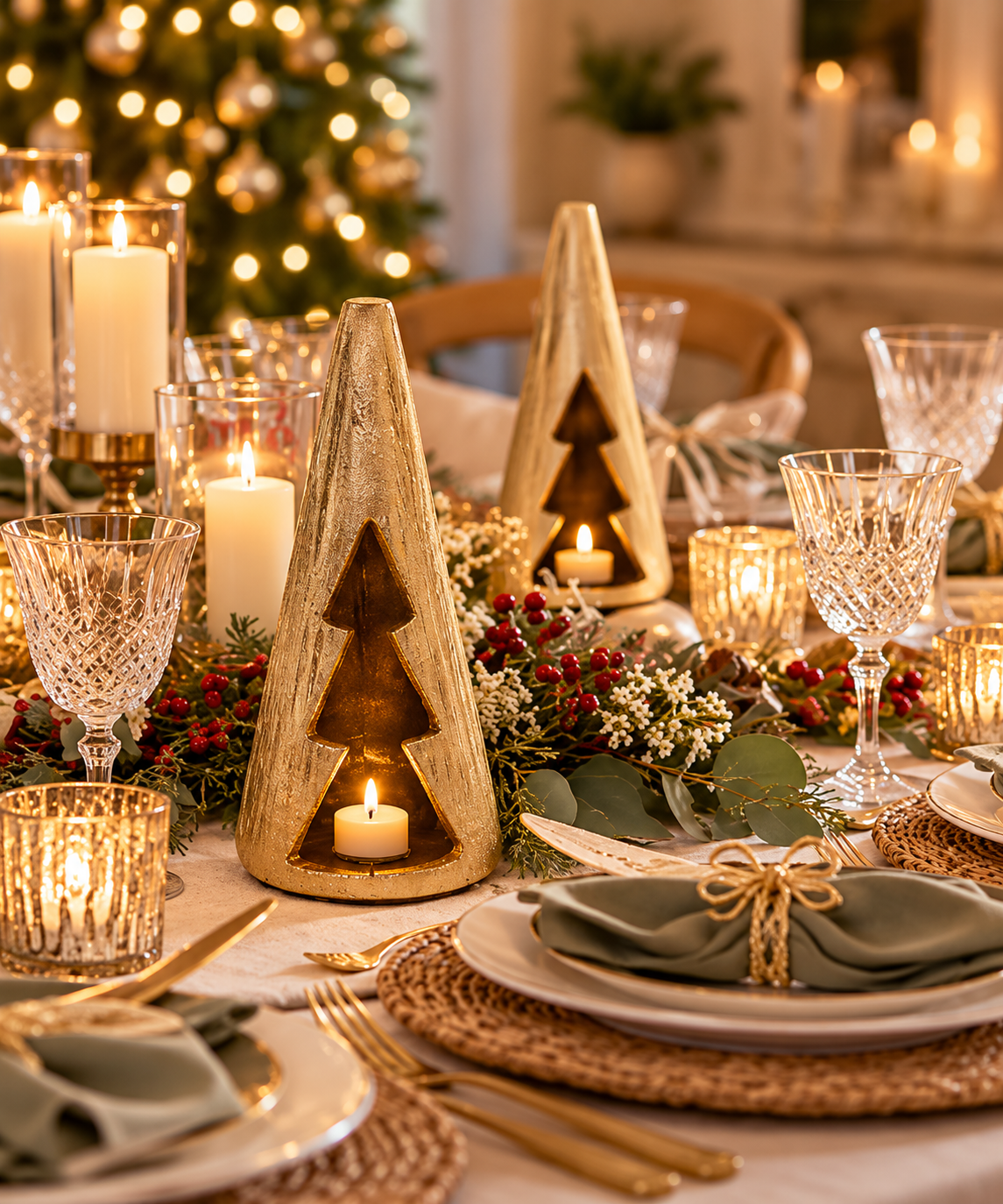 Twinkle large gold Christmas tree tealight holder with textured finish and tree-shaped cut-out, measuring 21cm high.