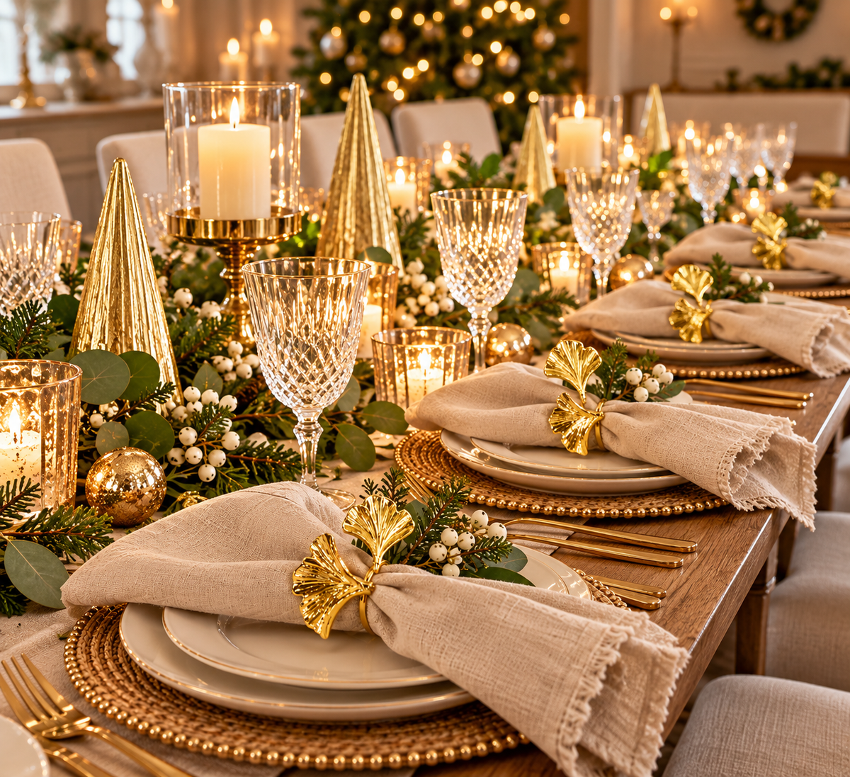 Elegant Christmas dining table styled with Noel Gold Leaf Napkin Rings, ivory linen napkins, eucalyptus greenery, gold decorations and festive tableware.