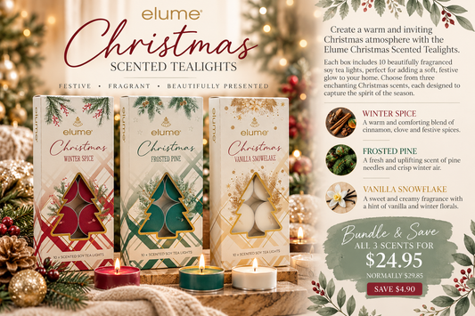 Elume Christmas scented soy tealights bundle featuring Winter Spice, Frosted Pine and Vanilla Snowflake, 10 tealights per box.