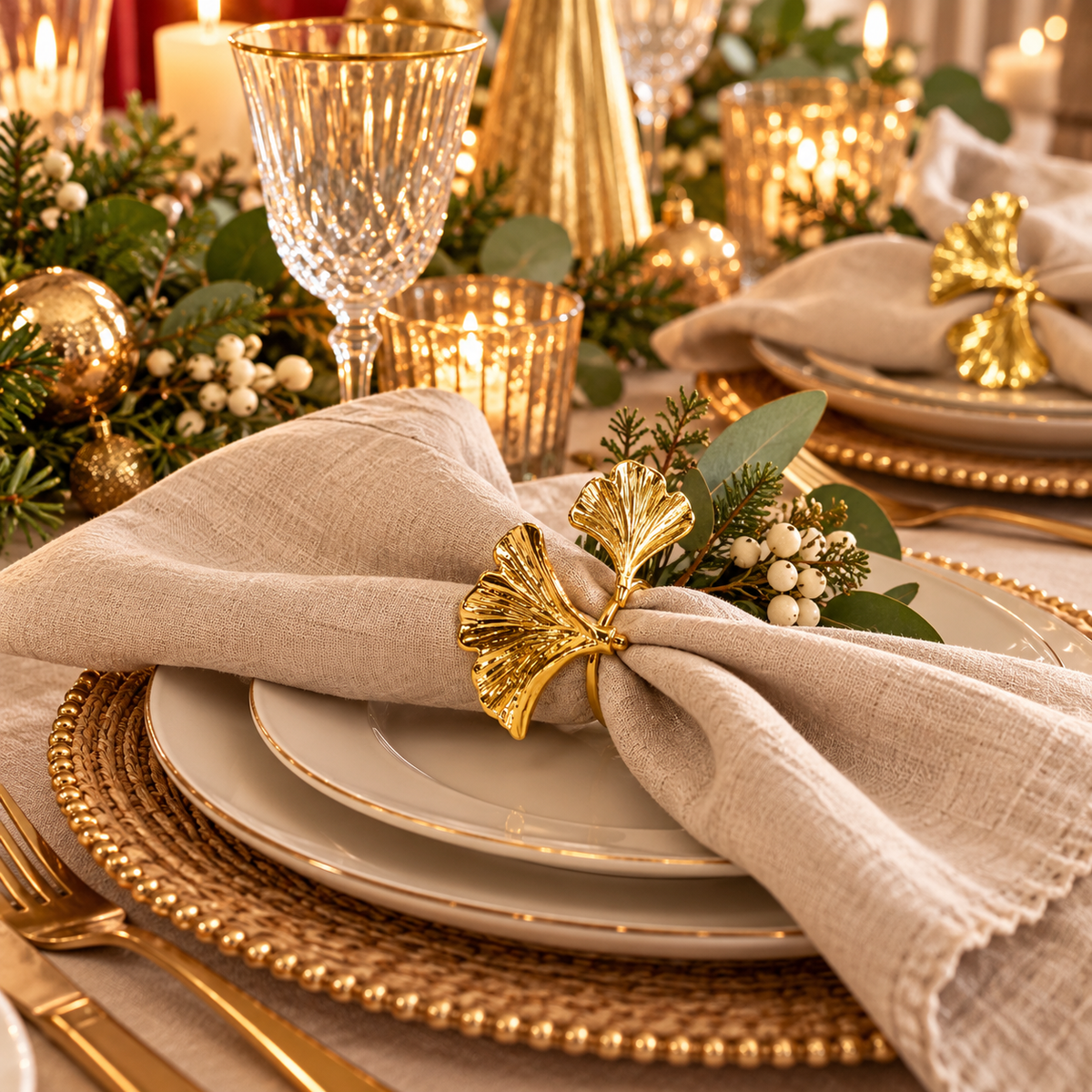 Noel Gold Leaf Napkin Rings set of 4 by J.Elliot Home, featuring textured gold botanical leaf designs.