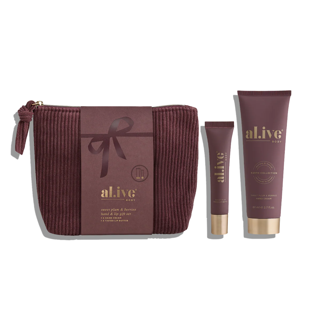 Brown textured pouch with 'alive' branding, accompanied by two smaller tubes on a white background.