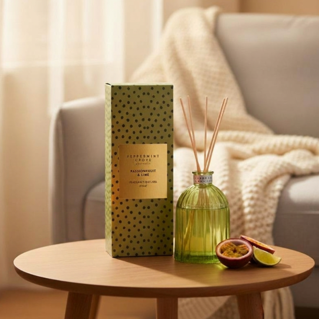 Cosy Lounge Setting With Peppermint Grove Passionfruit and Lime Reed Diffuser