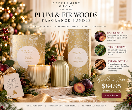 Peppermint Grove Plum & Fir Woods fragrance bundle featuring 370g soy candle and 350ml reed diffuser in elegant gold-toned vessels.
