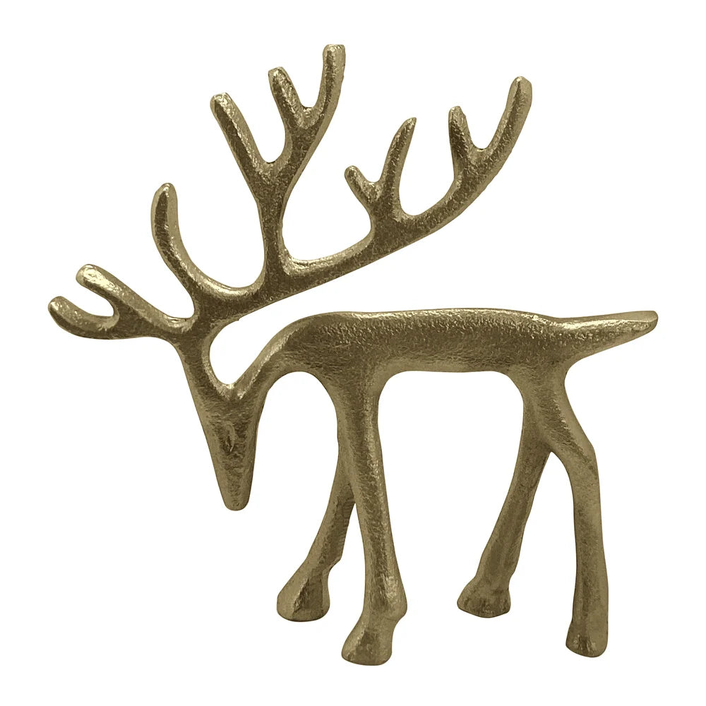 Prancer gold aluminium Christmas reindeer decoration styled on an elegant festive table with silver baubles, greenery and candles.