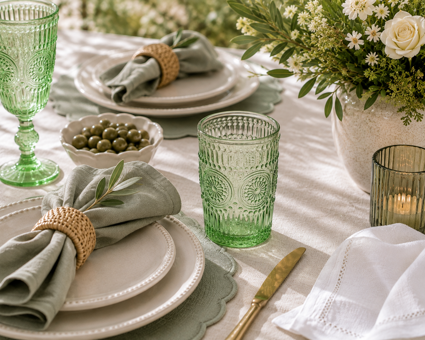 A styled table setting with layered white plates, sage green napkins wrapped in woven rings, green textured drinking glasses, a small bowl of olives, and a floral centerpiece on a cream tablecloth.