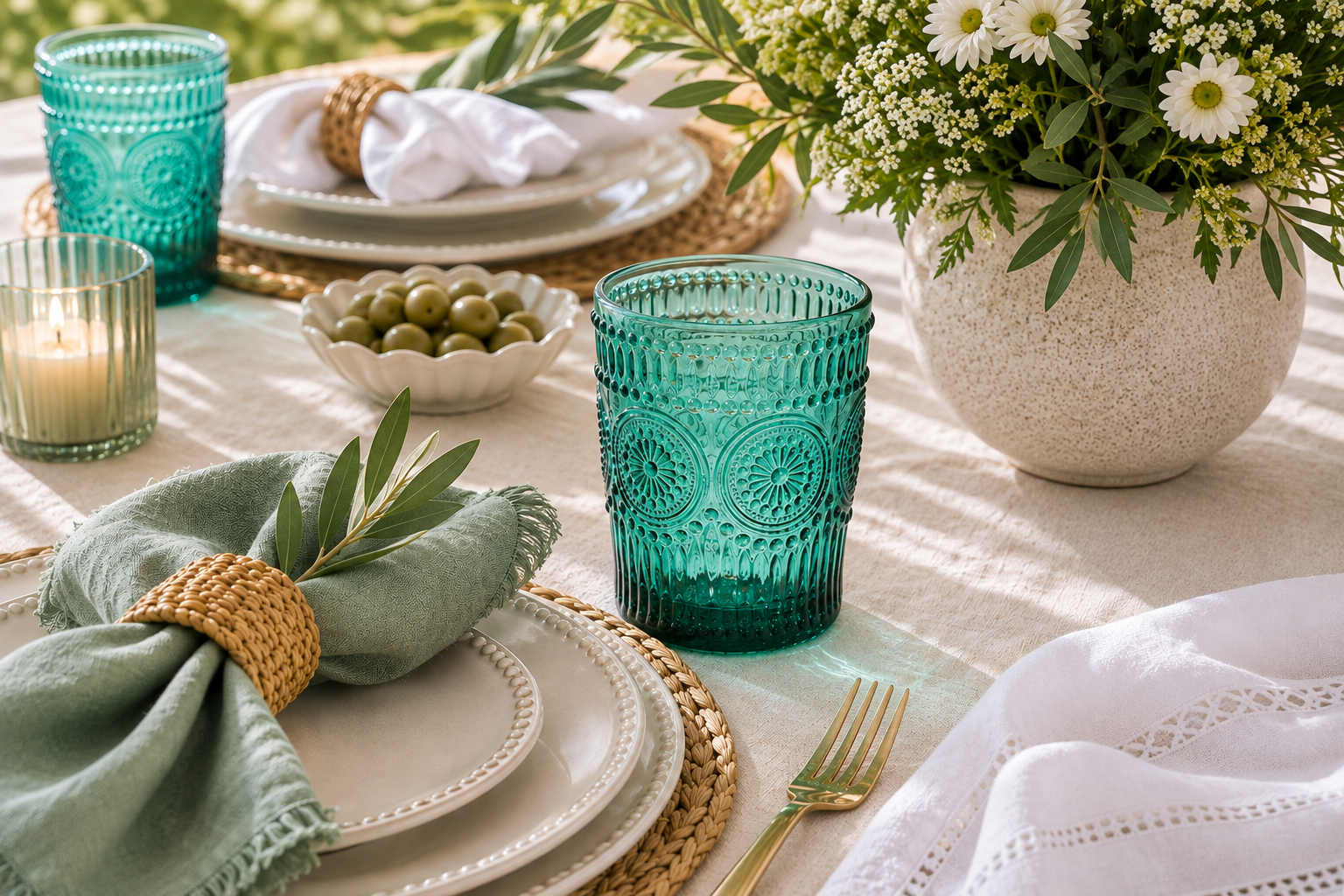 A styled dining table setting with embossed turquoise glass tumblers, white plates, sage green napkins with woven bands, green olives in a small dish, and a large vase of white flowers with green leaves.