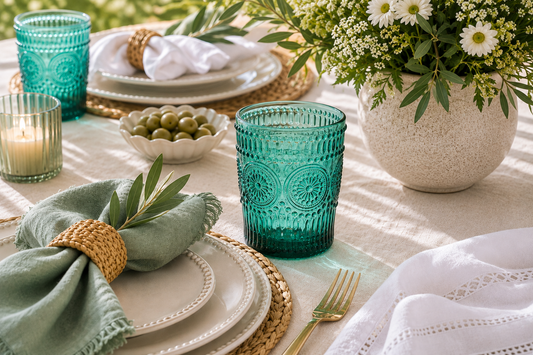 A styled dining table setting with embossed turquoise glass tumblers, white plates, sage green napkins with woven bands, green olives in a small dish, and a large vase of white flowers with green leaves.