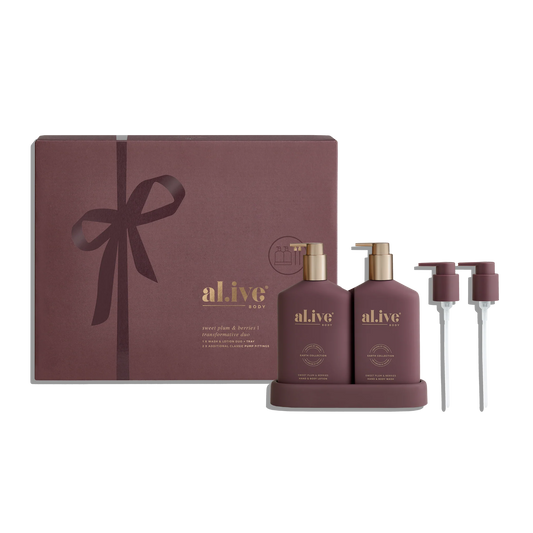 Maroon gift set with 'alive' products on a white background