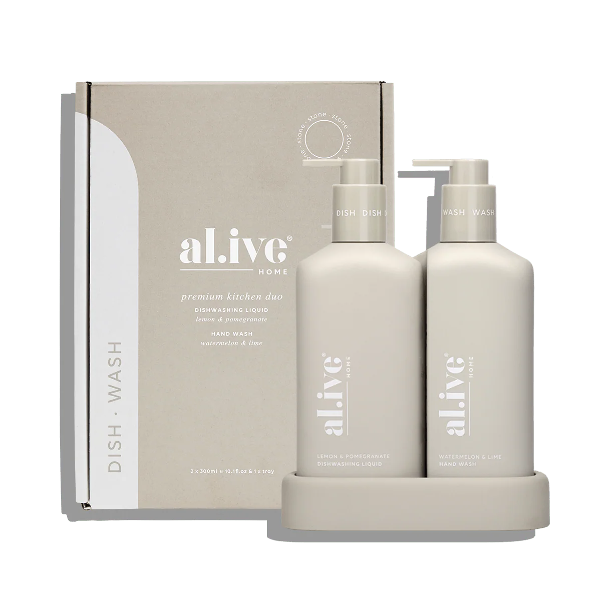 Two bottles of 'alive' dish wash with a box in the background on a white background