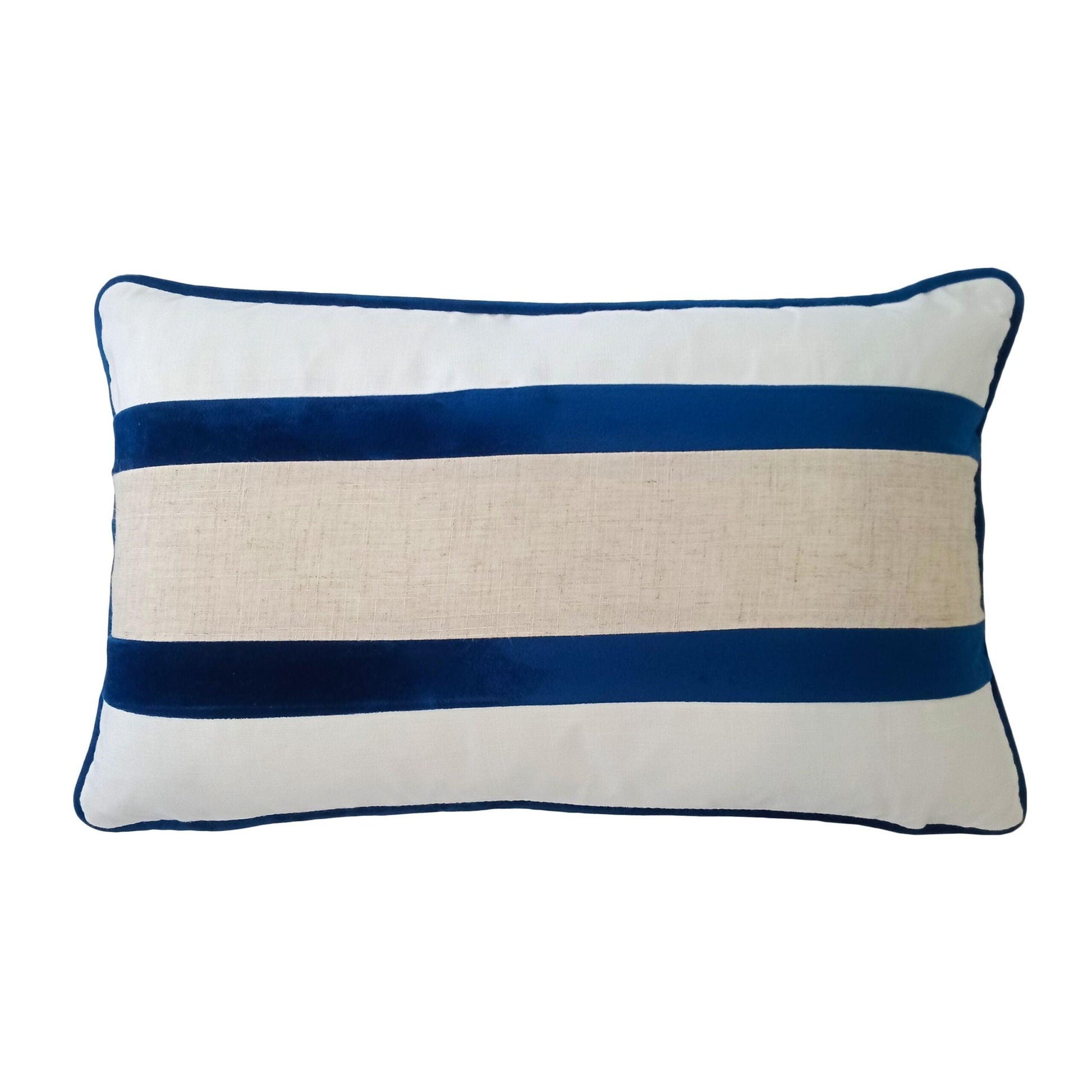 CALDER Dark Blue and Jute Double Strip Velvet Cushion Cover 30 cm by 50 cm
